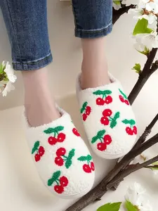 Cute Cherry Embroidered Plush Slippers, Comfortable Indoor Shoes for Men & Women, Perfect Christmas Gift, All Seasons Wear, Home Slippers, House Slippers