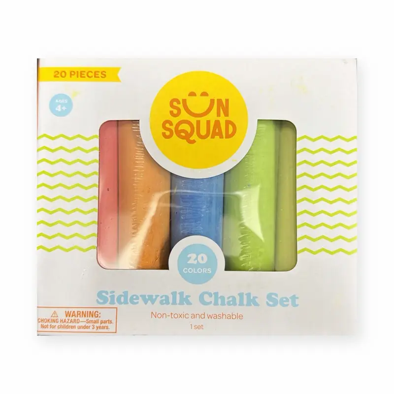 Sun Squad Sidewalk Chalk Set - 20 Pieces, 20 Colors, Non-Toxic & Washable, Ages 4+, Fun Outdoor Art Supplies