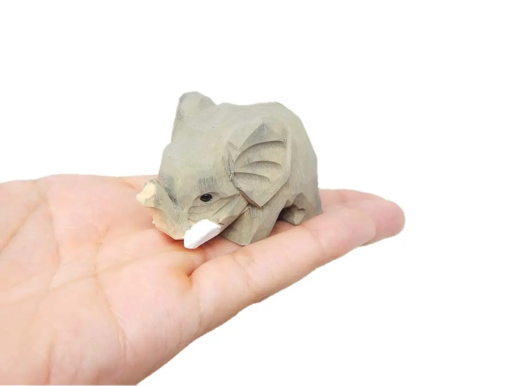 Small 2" Wooden Elephant Figure - Carving, Hand-Made, Decoration, Miniature Animals