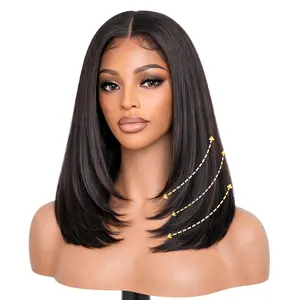 Glueless Layered Cut Yaki Straight Short Bob Wig with Drawstring 180% Density Pre-cut 5x5  Lace Human Hair Wigs with Bleached Knots Pre Plucked  Hairline 14 Inch
