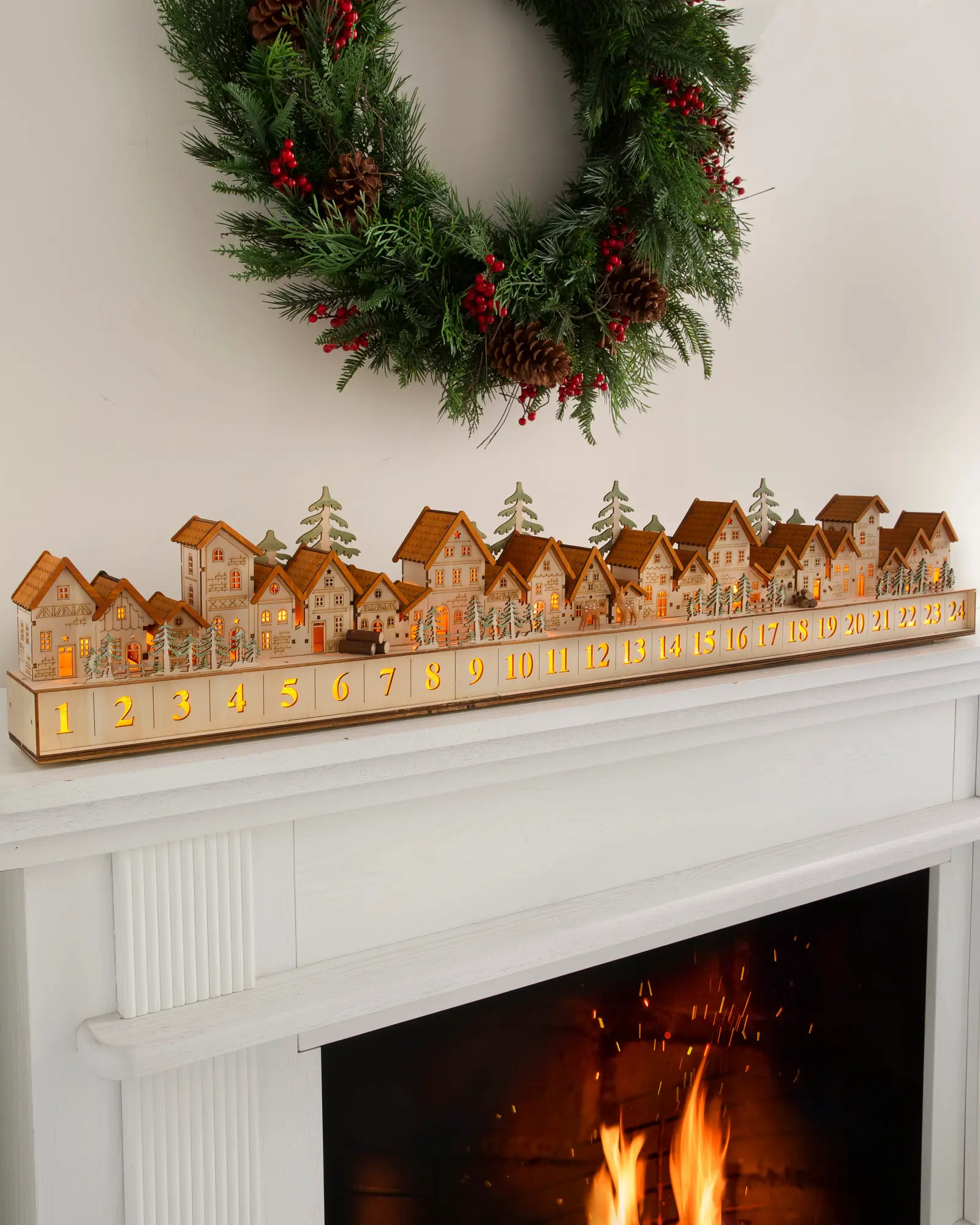 7.5" Natural Lit Wooden Christmas Village Advent Calendar, Width 3.5" by Balsam Hill
