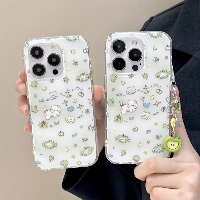 Crystal transparent white light green apple kitten protective phone case cover decorative smartphone protector with chain Accessories for iPhone 11 12 13 14 15 16 17 pro max