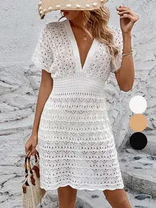 【Plus Size】 Solid Hollow Out Cover Up Dress, Casual Deep V Neck Dress for Beach Holiday Vacation, Women's Swimwear for All Seasons, Functionality and Performance, Beach Crochet Cover Ups