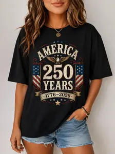 Women's Loose Fit Round Neck 250th Anniversary America T-Shirt - Patriotic USA Flag Eagle Graphic Top, Unisex 4th of July Tee