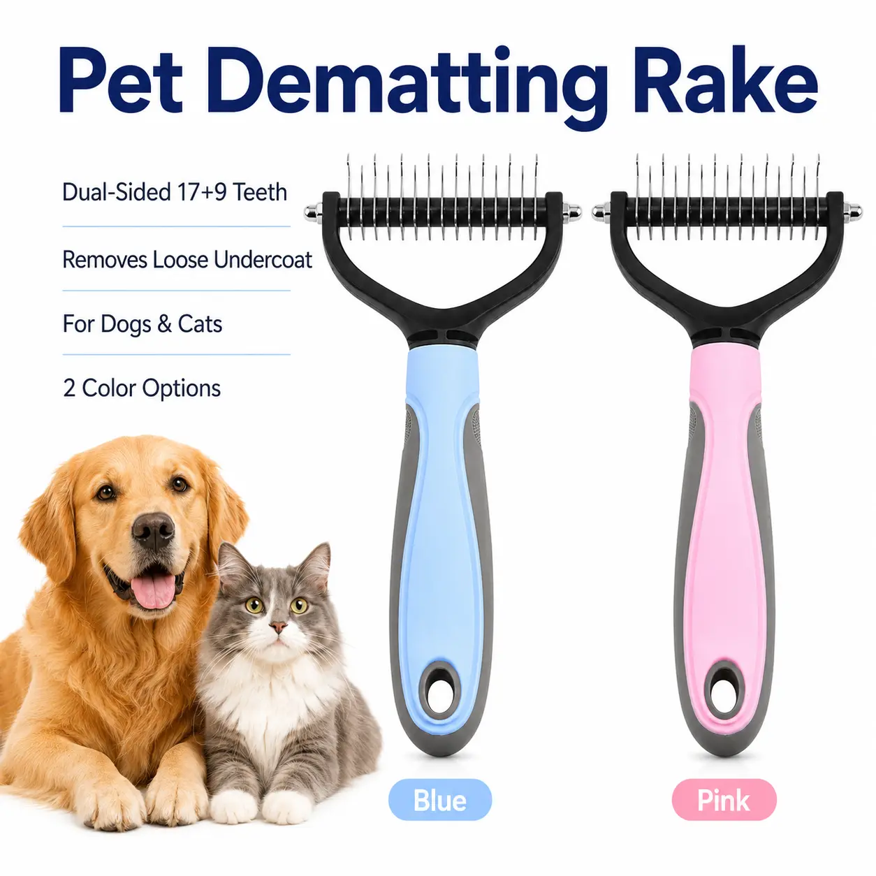 Pet Deshedding Brush for Dogs and Cats, Dual-Sided 17+9 Teeth Dematting Rake and Undercoat Grooming Comb for Long and Short Hair, Ergonomic Non-Slip Handle, Pink or Blue
