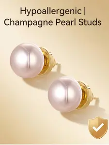 Women's Hypoallergenic Classic Champagne Pearl Stud Earrings, Gold Plated Minimalist Timeless Round Pearl Earrings, Fashion Jewelry for Everyday Wear Office & Gift