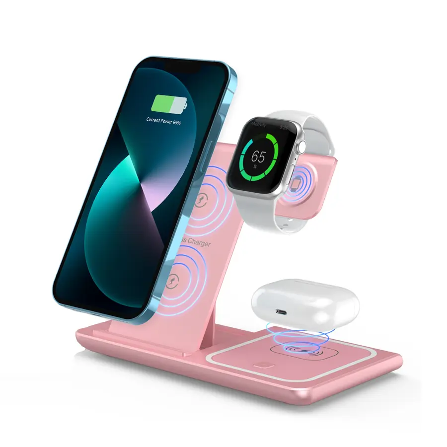 Foldable Portable All-in-1 Wireless Charging Station - Mobile Charging Accessory for iPhone, Apple Watch, AirPods, Fast Charging, Space-Saving, Device Protection, Pink Aesthetic for Home-Travel