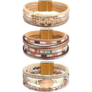 Leather Wrap Bracelets for Women,Boho Wrap Bracelets Leather Cuff Bangle Beads Bracelets Stackable Western Bracelets  for Women (/Black/Gray/Turquoise)