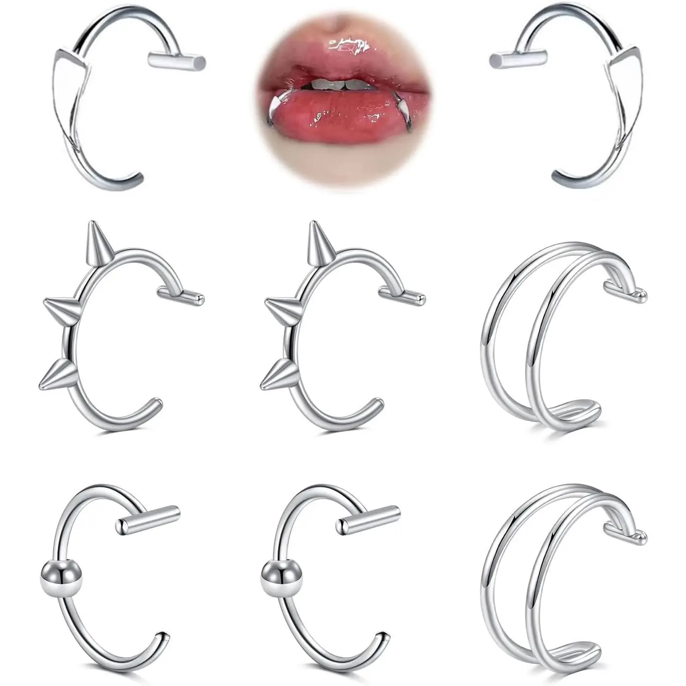 Unisex 4 Pairs Stainless Steel Clip-On Lip Jewelry - Silver Black Cuffs & Fangs, 18g(1.0mm), 3/8"(10mm), Fake Double Lip Ring/Fake Snakebites, Non-Piercing Halloween Aesthetic Jewelry, Comfortable for Long-Time Wear