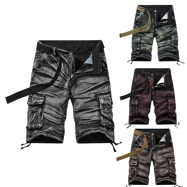 Menswear Men's Pure Cotton Cargo Shorts - Mid Waist, Button Fasten, Fitted Cut, Multi-Pockets, Vintage Washed Distressed Finish, Ideal for Summer Travel, Outdoor Hiking