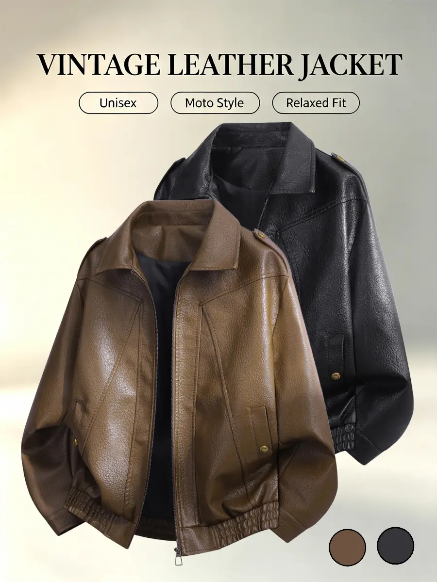 2026 New Autumn American Vintage Faux Leather Motorcycle Jacket - Unisex Lapel Relaxed Fit Medium Length Multi-Size Couple Outerwear, Ideal for Dating, Daily Walks