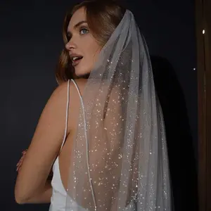 Bride's Shimmering Wedding Veil with Comb, Gold-Printed Starry Sky Tulle Veil, Available in Multiple Sizes for Perfect Fit