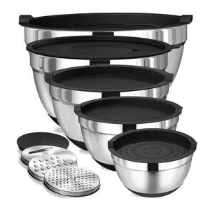 Stainless Steel Nesting Bowl Set, 1 Set Including 5 Counts Bowl with Lid & 3 Counts Grater, Kitchen Baking Set, Fruit Bowl, Vegetable Bowl, Kitchen Supplies, Tableware