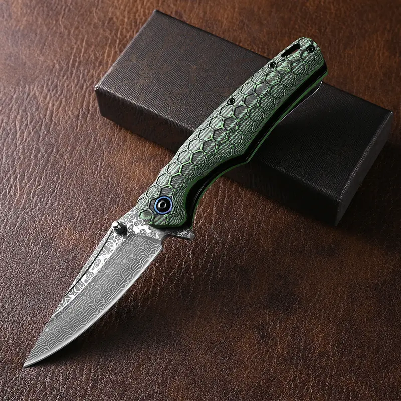 Foldable Creative Pocket Knife - Damascus Steel Precision Edge Blade, G10 Handle with Grip Control, Portable Knives, Pocket-Ready Size Precision Camping Tool for Hiking & Camp Kitchen EDC Carry
