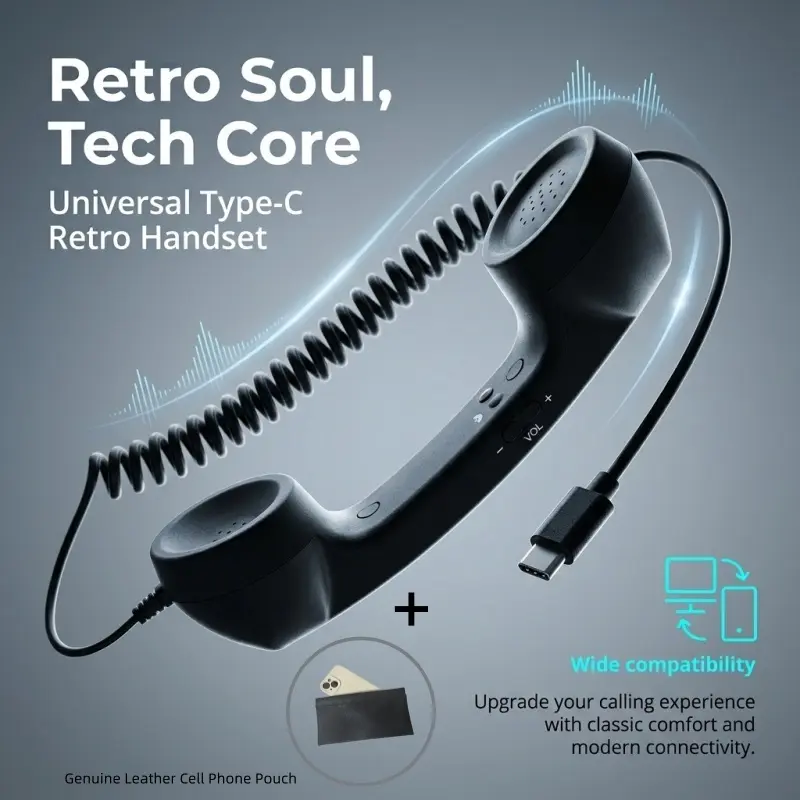 Retro-Style Telephone Handset with Built-In Microphone, Wired Mobile Call Receiver with Direct-Plug Type-C Connector, One-Touch Answer/End, Volume Control, And Compatibility with Phones, Computers, And Tablets Cell Phone Pouch