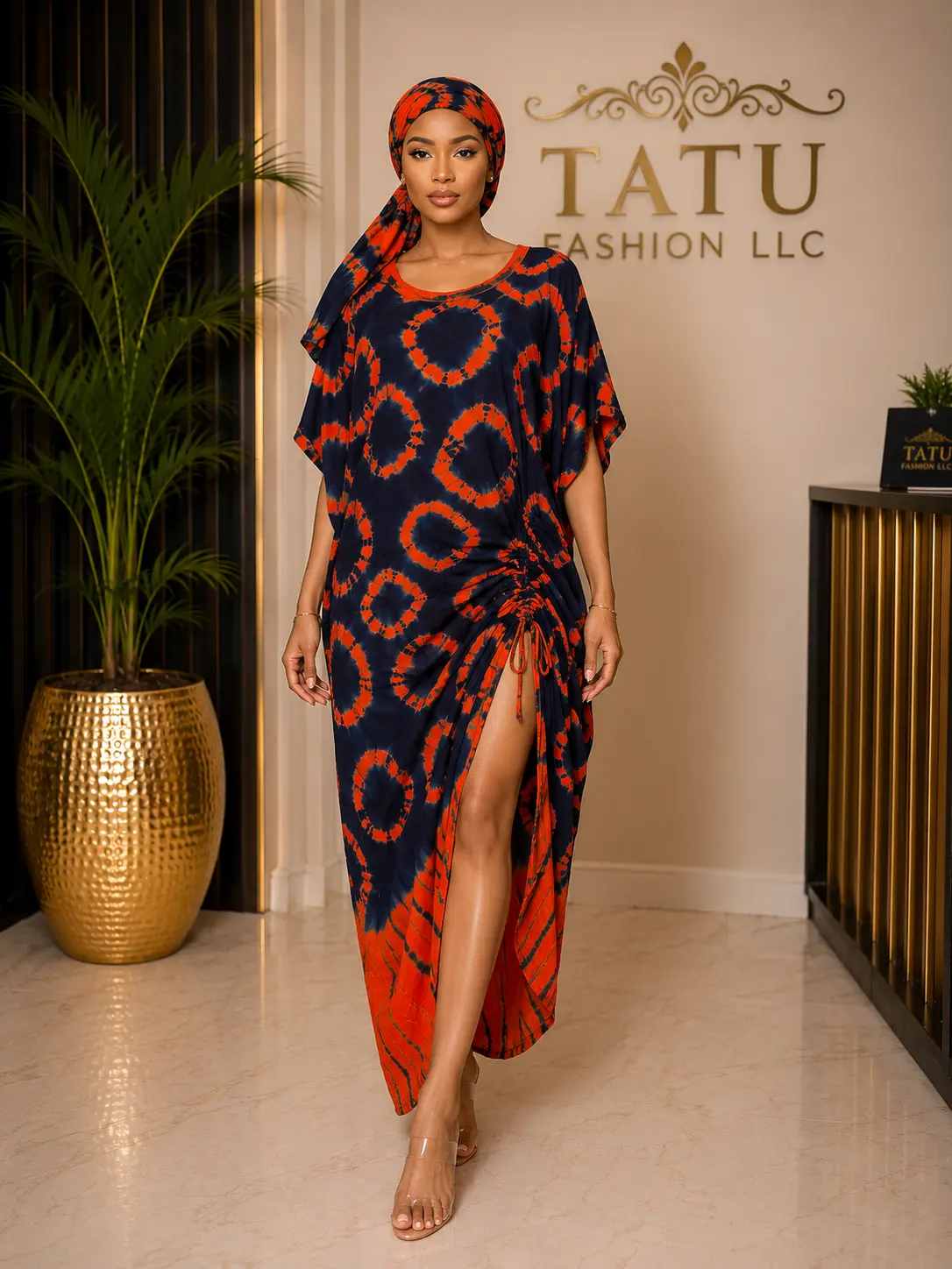 TATU Fashion LLC Women's Bold Orange & Navy Tie-Dye Wrap Dress with High Slit and Flowing Sleeves set scart