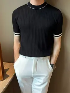 Men's Summer New Half-Neck Striped Knitted Short Sleeve T-Shirt, Light Mature Style, Slim Fit, Colorblock, Ice Silk Underwear