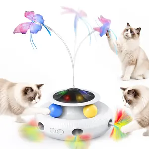 Pawtners 4-in-1 Automatic Interactive Cat Toy, Rechargeable UFO Kitten Toy with Fluttering Butterfly, Ambush Feather & Rolling Track Balls, LED Light Indoor Exercise Pet Toy summergarden