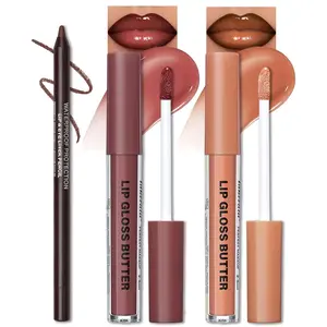 Erinde Lip Liner and Gloss Set,  Nourishing Lip Gloss & Brown Lip Liner Combo Sets, Non-Sticky Plumping Lip Kit for Women, Lightweight Long Wear, Natural Nude Tinted Lip Glow Oil, SET A lip gloss