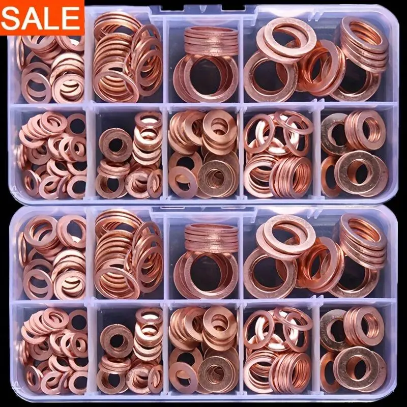 100 Copper Washer Gasket Nuts and Bolt Kits, heavy duty fastening, bolts and nuts, Hex Nuts, Adjustable Bolt, Flat Ring Seal Combination, Copper Gasket Marine Gasket with Box - M8/M10/M12/M14 for Oil Pump Plugs