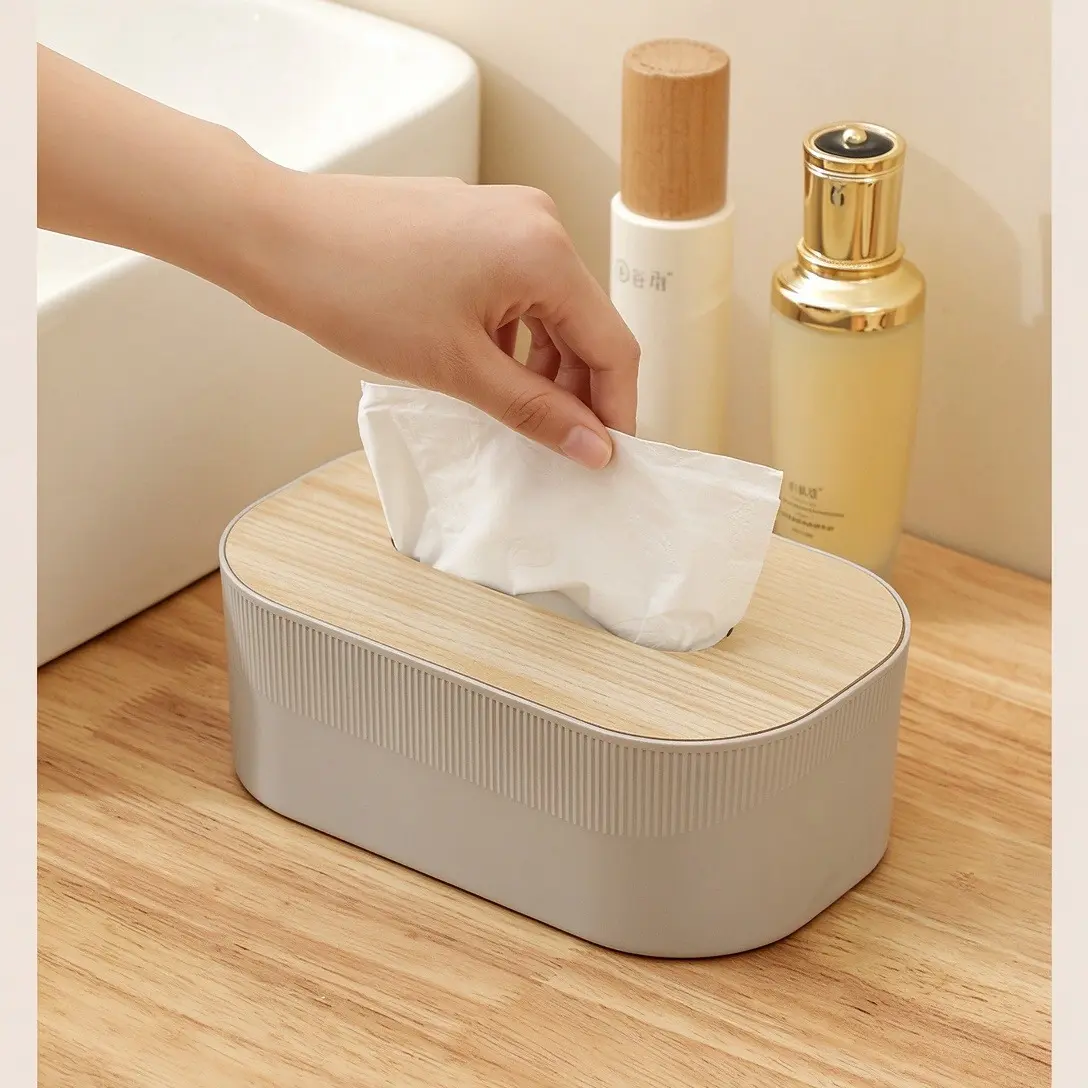 Minimalist Oval Plastic Tissue Box with Wooden Lid, Household Bathroom Countertop Storage Holder, Kitchen Dining Table Decor & Home Gift