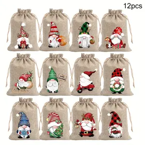 12-Piece Christmas Linen Gift Bag Set, Santa Drawstring Bags for Holiday Party Gifts & Jewelry Storage, Perfect for Christmas & New Year Parties, for Party Favors Assortment