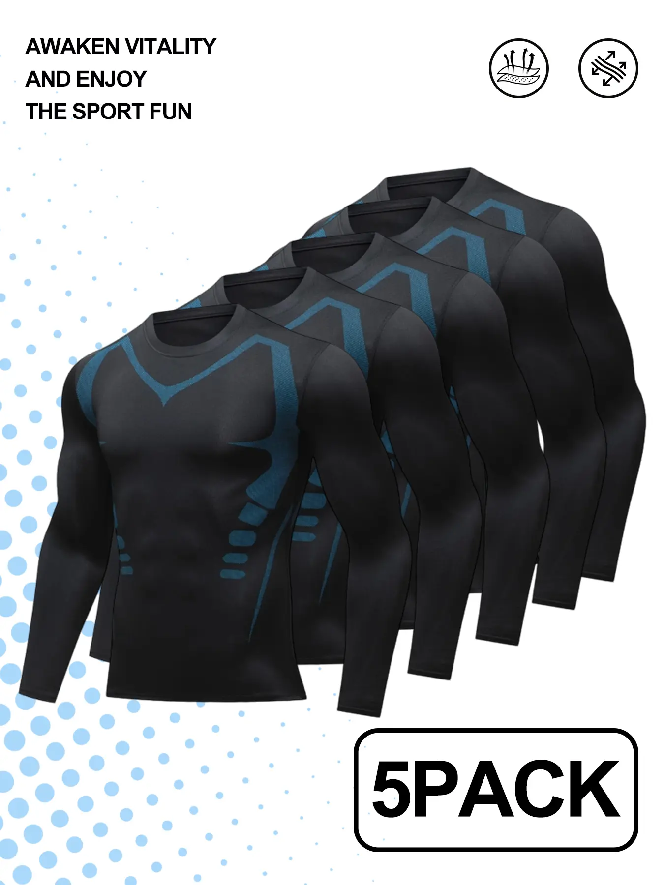 Male 5-Pack Long Sleeve Fitted Compression Shirts - Dry Fit Active Fitness Clothes for Bodybuilding, Stretch Athletic Apparel, Long Sleeve Shirt