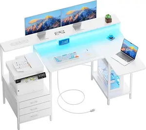 HLDIRECT 55 Inch Gaming Desk with Built-in Power Outlet & 3 Fabric Drawers, Computer Desk with LED Lights & Storage Shelves, Gaming Table with Monitor Stand and Foldable Tabletop (White) leather