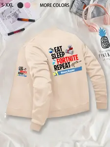 Eat, Sleep, Fortnite Repeat Pattern Zippered Baseball Jacket - Unisex Gaming Themed Outerwear - Perfect for Daily Casual, Autumn & Winter Wardrobe, Complements Casual Looks