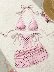 HIBOMARI Summer New Beach Vacation Party Afternoon Tea Polka Dot Print Micro Triangle Side Tie Ruched 3 PiecesWomen Swimwear Set