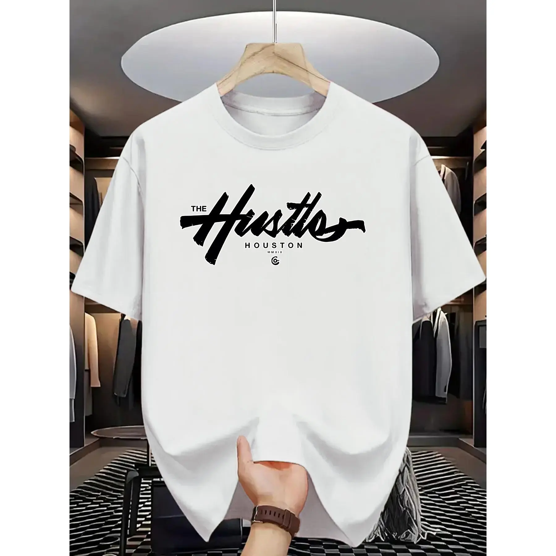 Men's Hustle Graphic T-Shirt in 100% Cotton, Casual Shortsleeve Streetwear with Digital Print, Crew Neck All Seasons, Plus Size, Round Neck, Fabric, Short Sleeve Tee
