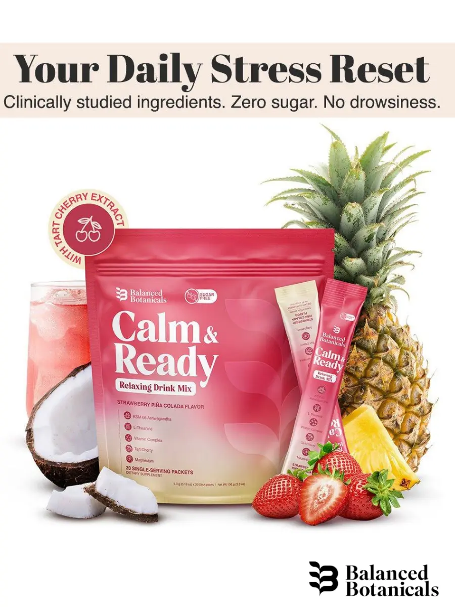 Balanced Botanicals Calm and Ready Powder Drink Mix, with Magnesium Glycinate, Ashwagandha KSM 66, L Theanine, and Tart Cherry, Relaxation Support Supplement