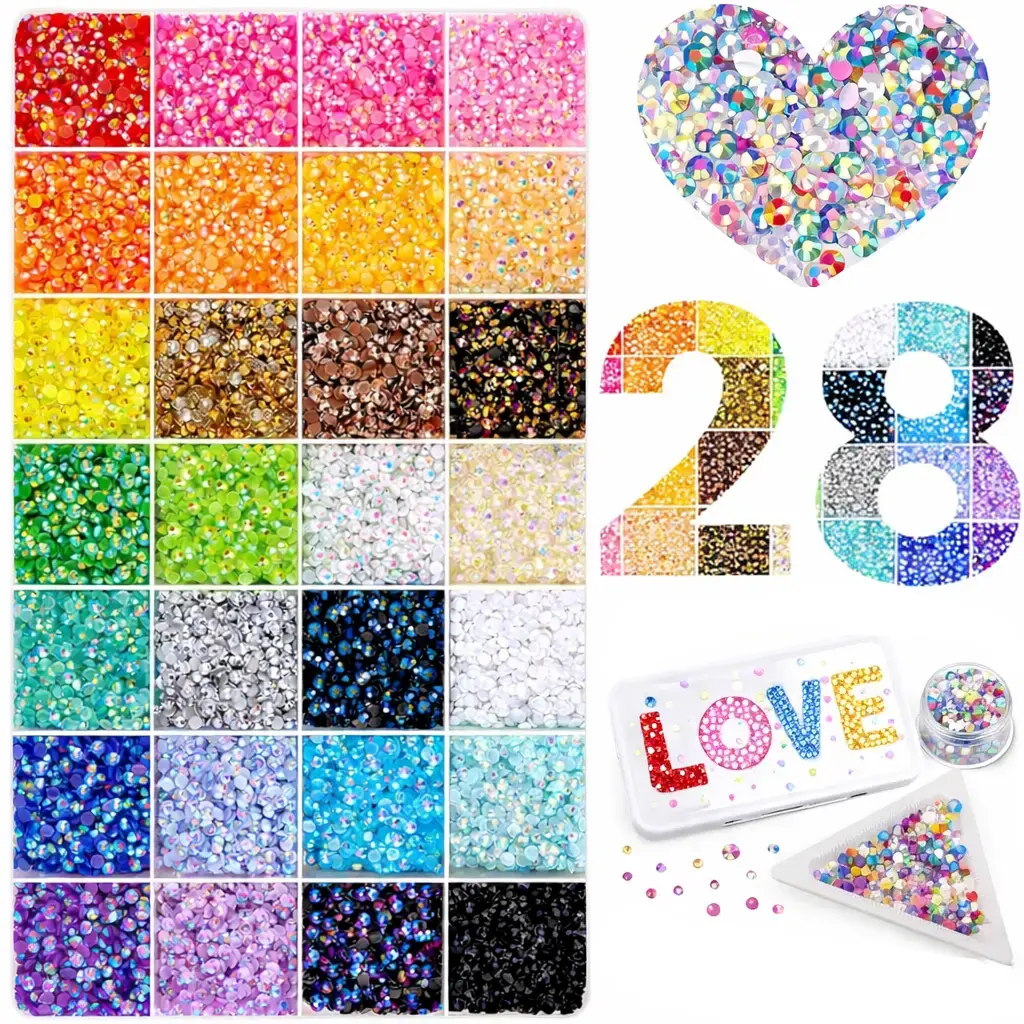 Multicolor-28grids-26000pcs Resin Rhinestones Bedazzling Kit, 3mm Flatback Crystal Gems with Tweezers for Nail Art, DIY Crafts, Clothing & Fabric (Beauty & Personal Care, Nail Art Decoration), Diy Nails At Home