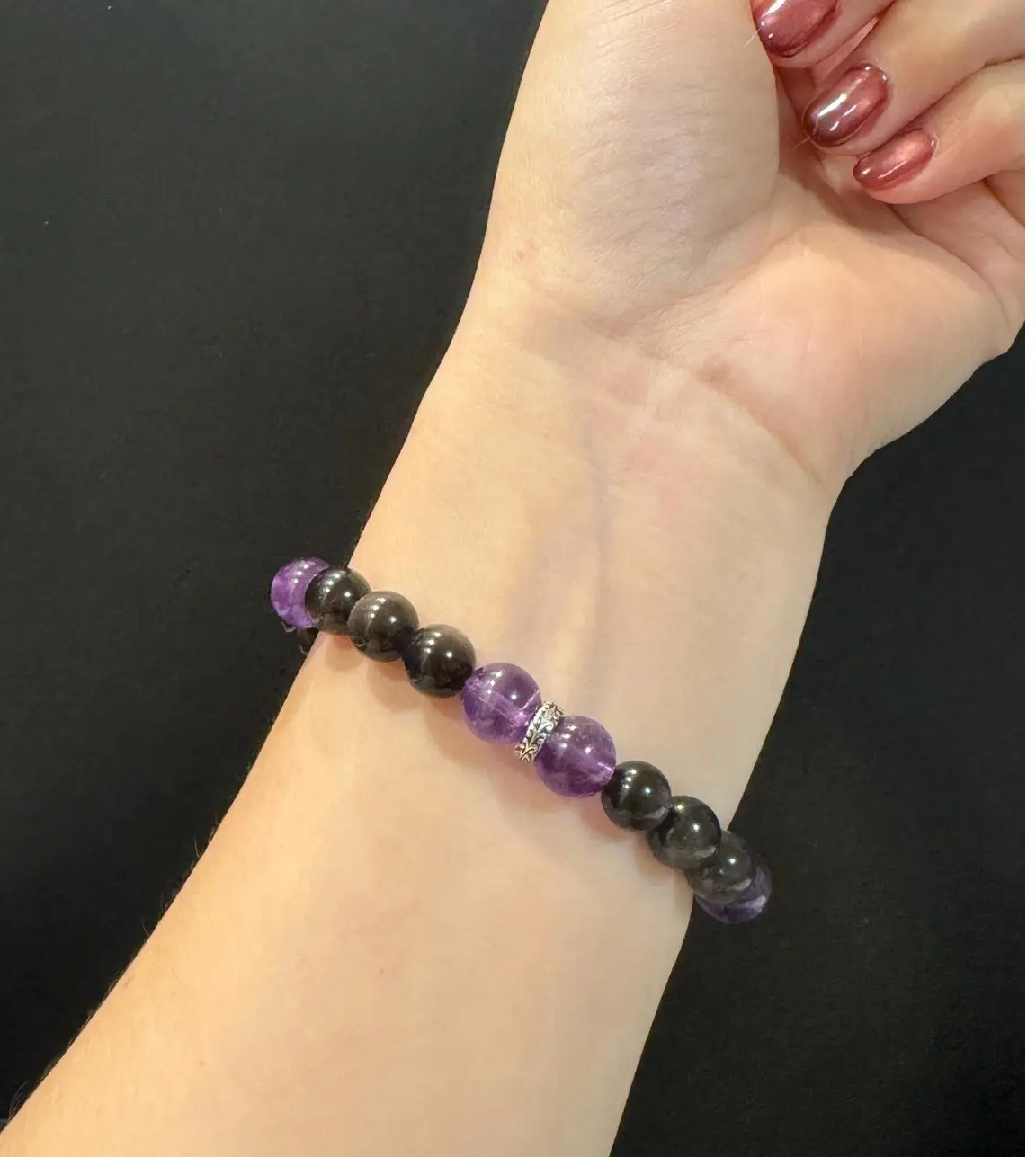 Female Adults' 5.5-8.5 Inches Silver Obsidian and Amethyst Crystal Bracelet - Protection, Calm Mind, Emotional Balance, Daily Wear with Optional Zodiac Charm, Us