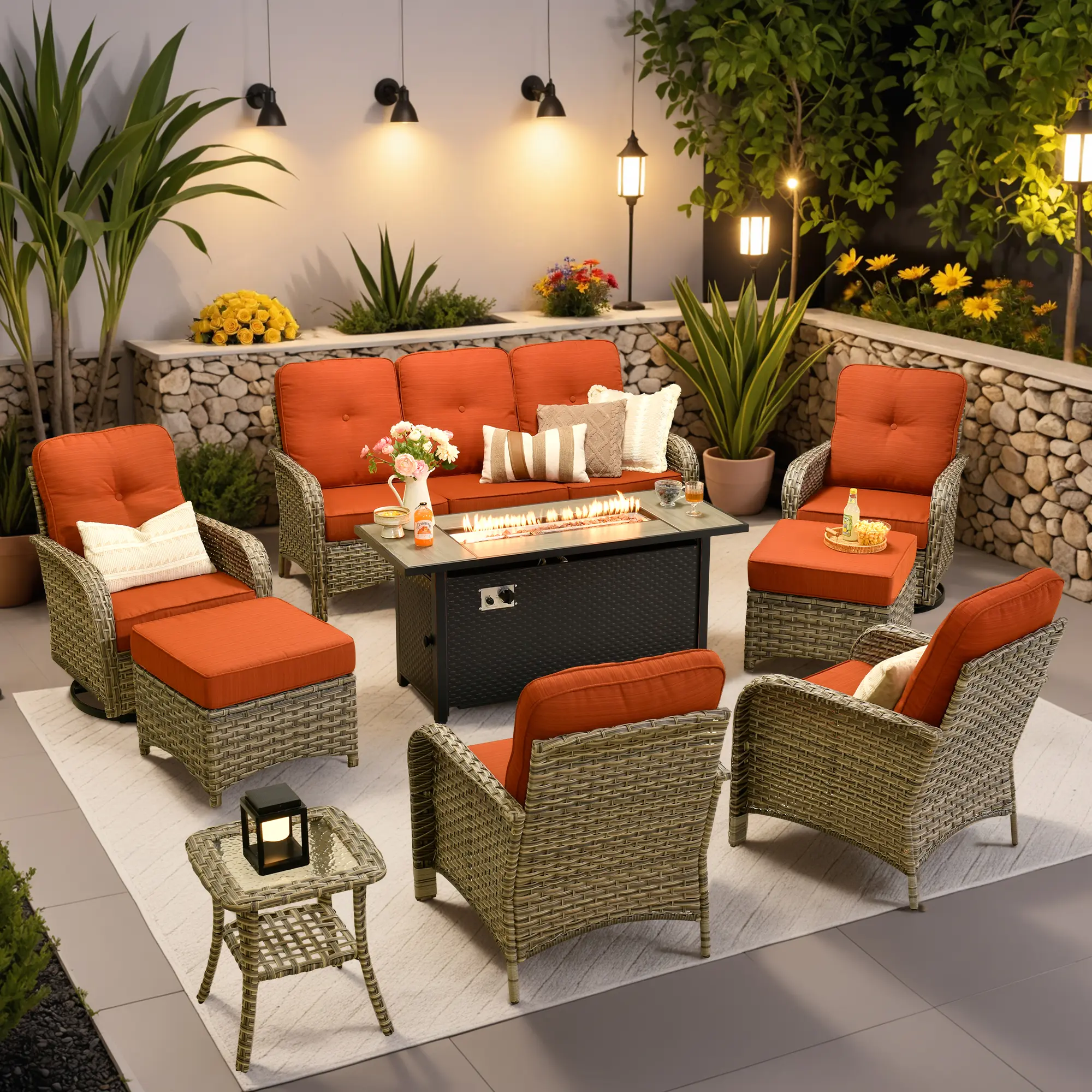 XIZZI 8-Pieces Patio Furniture Set with Fire Pit Table, Swivel Chair, Swing Sets, Outdoor Wicker Sofa Couch, All Weather High Back Modern Conversation Set for Yard Balcony Pool