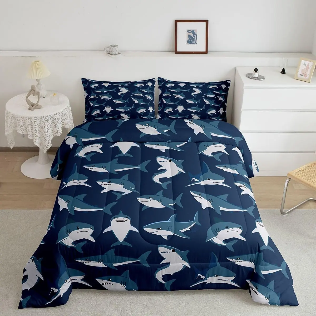Shark Comforter Set All Season Ocean Sea Shark Lover Gifts Bedding Set 1 Underwater Animal Microfiber Ocean Blue Bedroom Decor Nautical Marine Duvet Quilt Soft