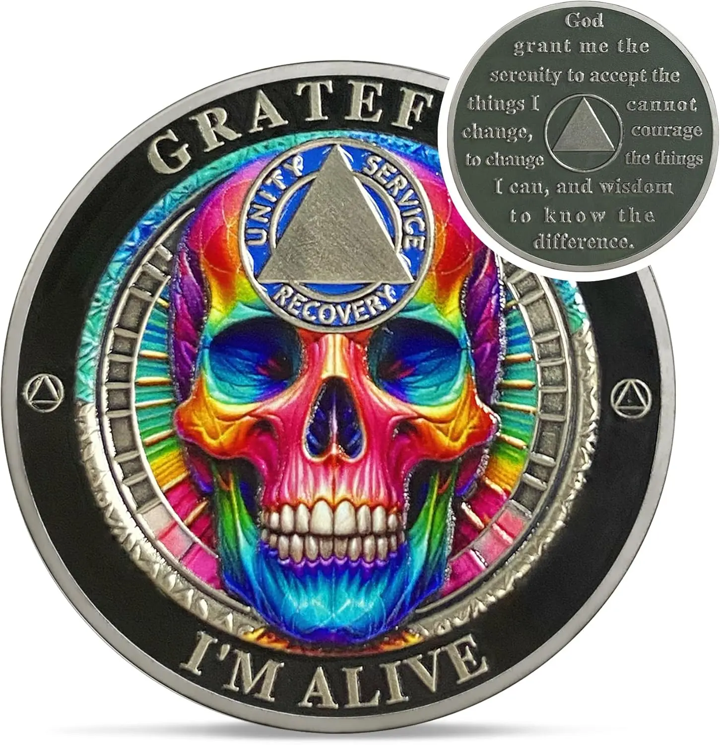 Rainbow Skull Sobriety Coin - 0.12" Thickness,1.37" Diameter,3D Craftsmanship Collectibles for AA Meetings - 1-10 Years Clean Living AA/NA Recovery Gifts for Men Women