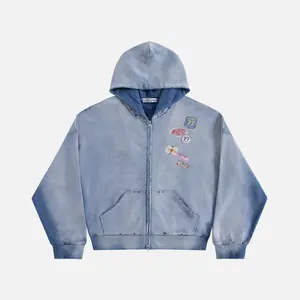 Aelfric Eden Badge Boxy Zip Up Hoodie Oversized Fit Vintage Badge Embellishment Tie-Dye Washed Fabric Unisex Streetwear Top