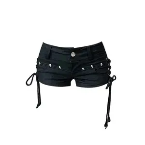 Women’s black gothic denim shorts, retro aesthetic, low-waisted denim shorts, Harajuku denim mini skirt