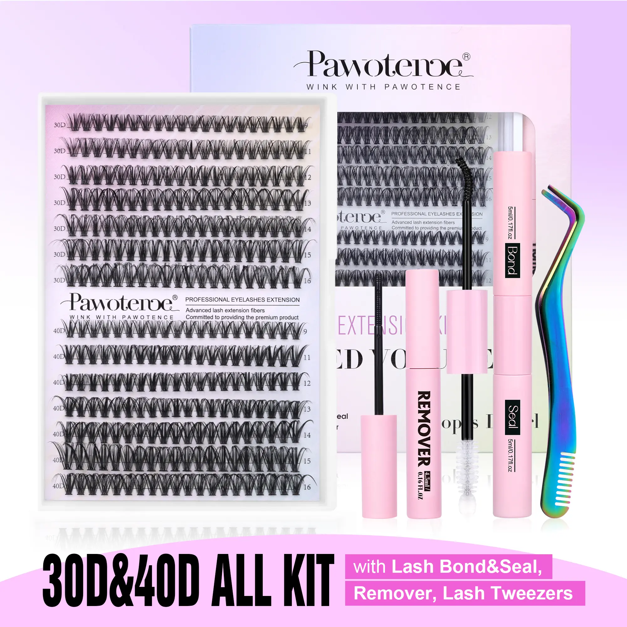 Pawotence Lash Extension Kit DIY 280pcs Individual Lash Clusters Kit 30D 40D Cluster Eyelash Extensions Kit with Bond and Seal, Remover, Tweezers for Self Use