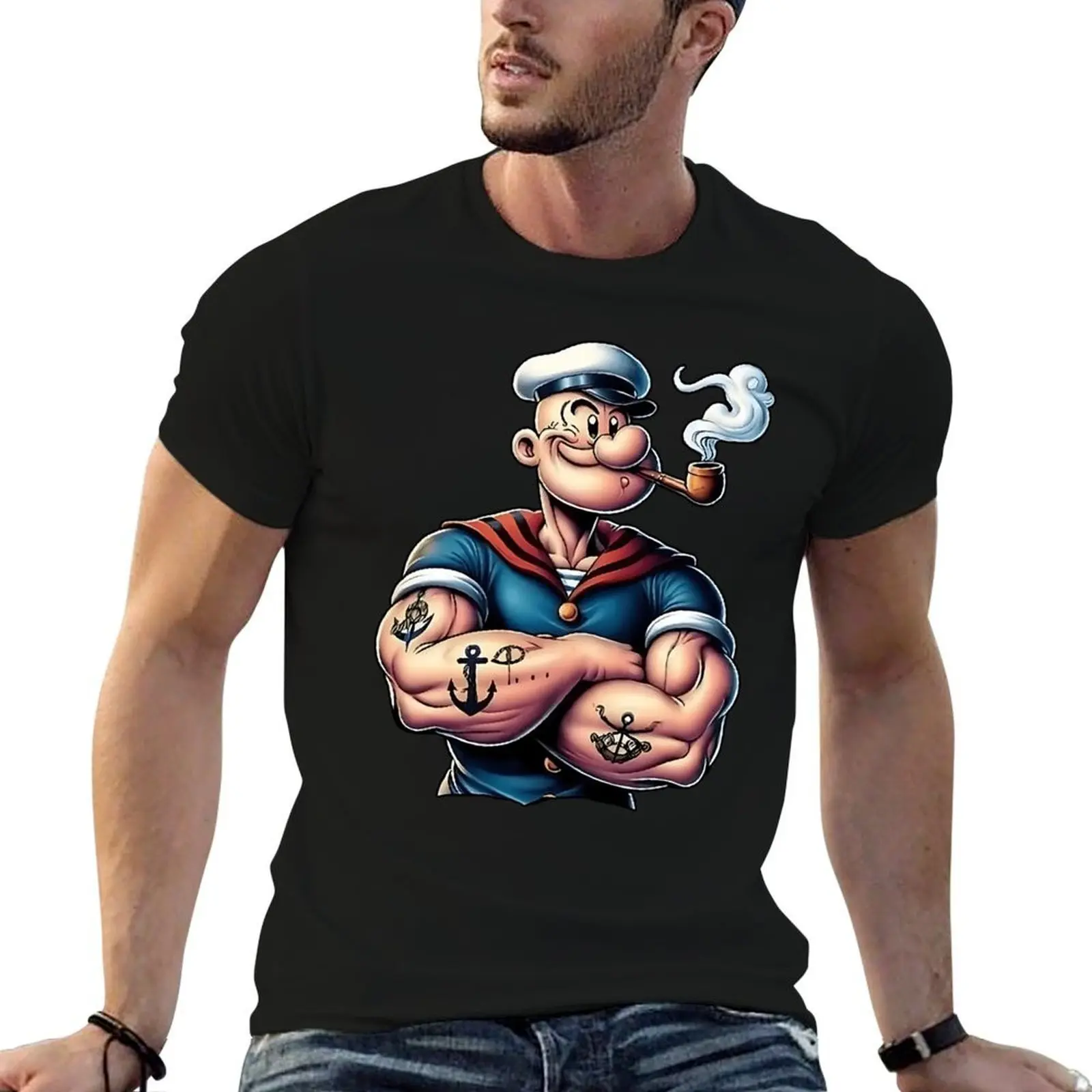 Men's Retro Popeye the Sailor Man Graphic T-Shirt - Fitted Shortsleeve Crewneck Casual Basic Tee, Menswear Tops for Classic Animation Fans