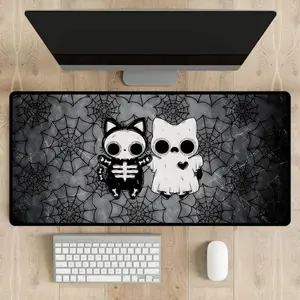 Spooky Cute Cat Mousepad Skeleton & Ghost Kawaii Desk Mat with Cobweb Background, Halloween Aesthetic Large Gaming Pad Goth Desk Decor