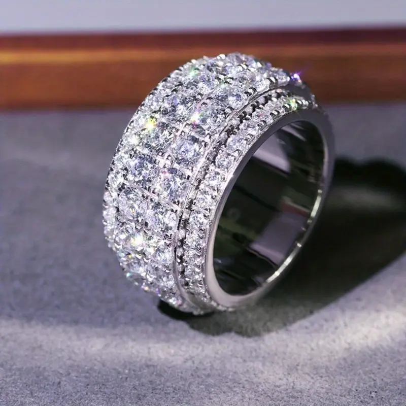 Elegant Wide Band Ring Silvery Plated Inlaid Full Of Shining Zirconias Women's Promise Ring Evening Party Cocktail Party Decor
