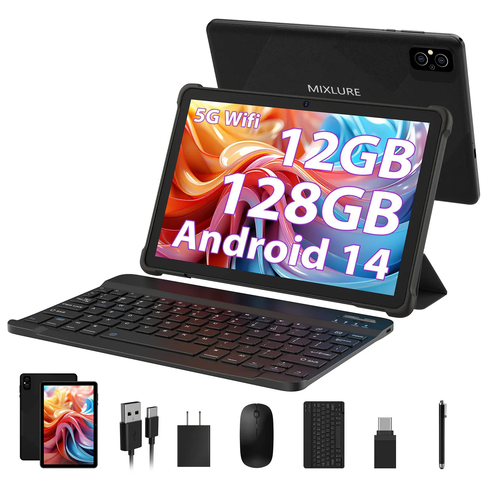 POWMUS 10.1-Inch Android 14 Tablet with Keyboard, Mouse, Stylus & Case, 6GB RAM (Up to 12GB) + 128GB Storage (1TB Expandable), 8000mAh Battery, Dual WiFi, Bluetooth 5.0, GPS, WiFi Tablet for Work, Study & Entertainment