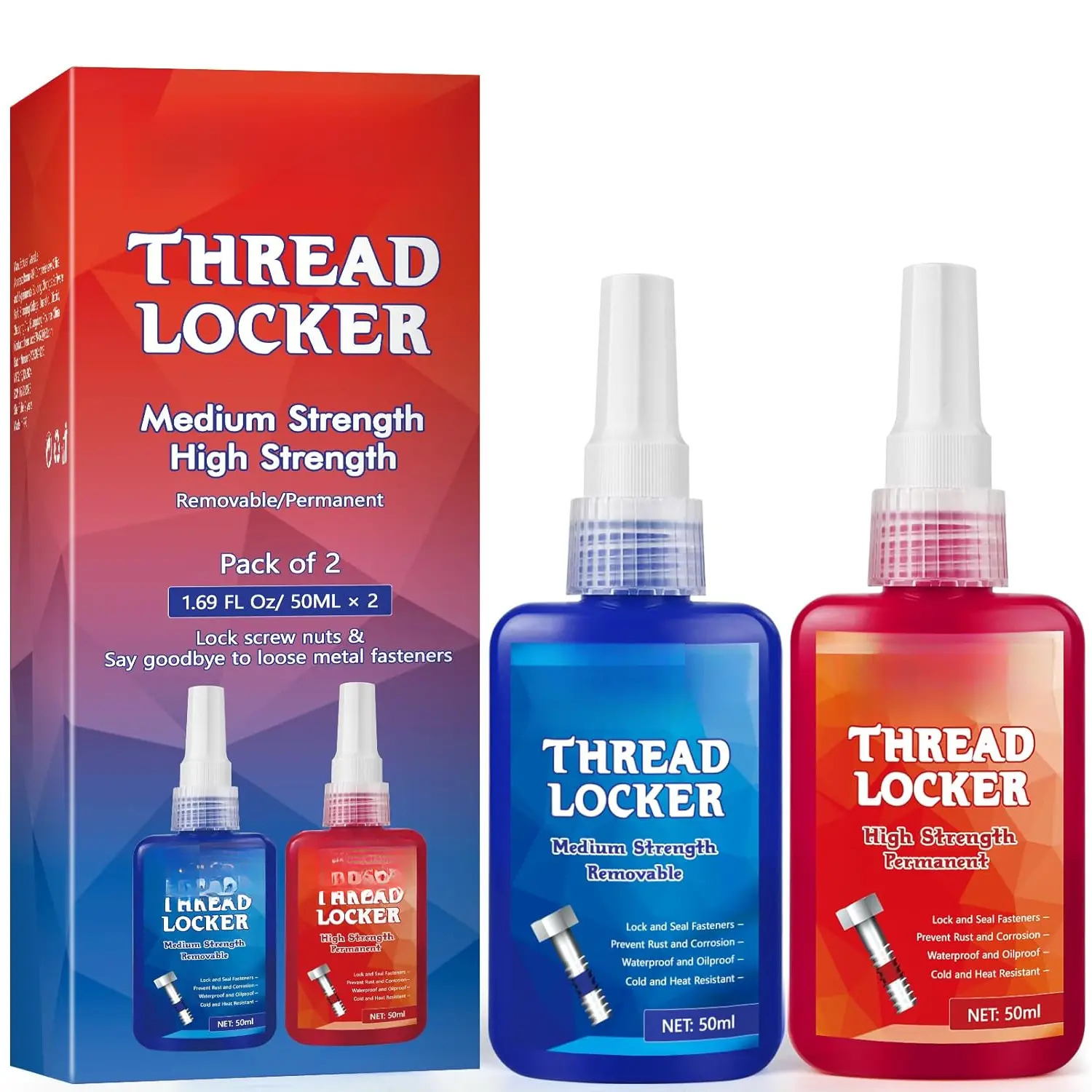 2 Thread Lockers Set - 50ml Blue Medium-Strength, 50ml Red High-Strength Threadlocker Screw Compound, Anti-Rust, Cold & Heat Resistant, Applies Evenly for Automotive Repairs to Prevent Loosening