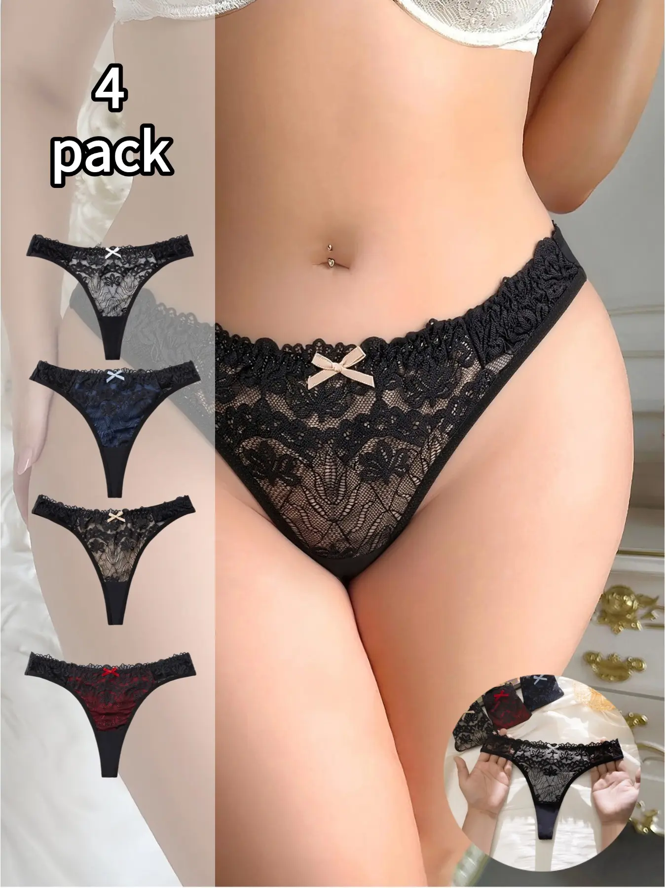 Sexy Colorblock Layered Women's Thong Underwear, Breathable Casual Intimates Panties for Dates and Leisure, Fashion Twin-Color Thong Pants, 4-Pair Set Lingerie