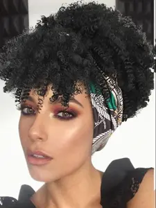 12 Inch Black Curly Synthetic Wig with Bangs for Summer 2024, Synthetic Curly Wigs, Wrap Wig with Headband Attached Scarf Wig Turban Drawstring Afro High Puff Head Wrap