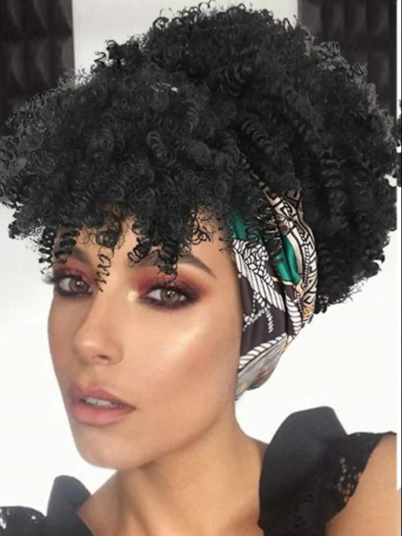 12 Inch Black Curly Synthetic Wig with Bangs for Summer 2024, Wrap Wig with Headband Attached Scarf Wig Turban Drawstring Afro High Puff Head Wrap