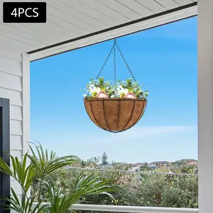 CNCEST 4-Pack Plant Hanging Baskets 16 Inch Round Rustic Iron with Coco Liners 20in Chains Home Decor for Porch Balcony Garden