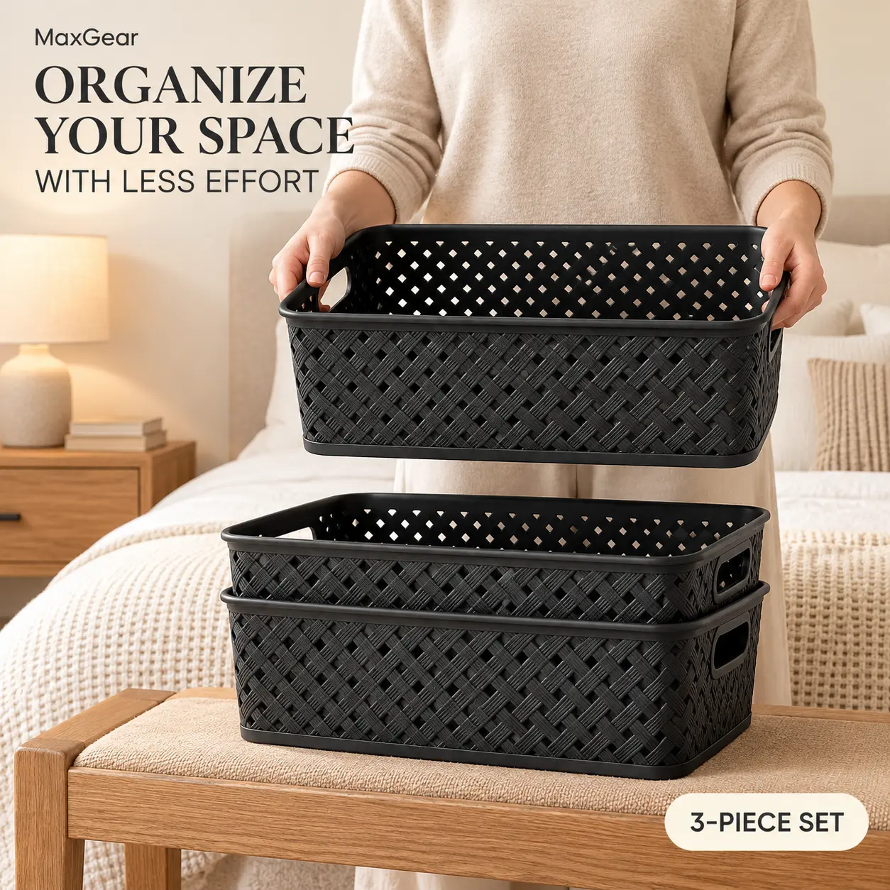 MaxGear Plastic Storage Baskets with Handles, 3 Pack Woven-Look Organizer Bins for Shelves, Pantry, Bathroom and Closet